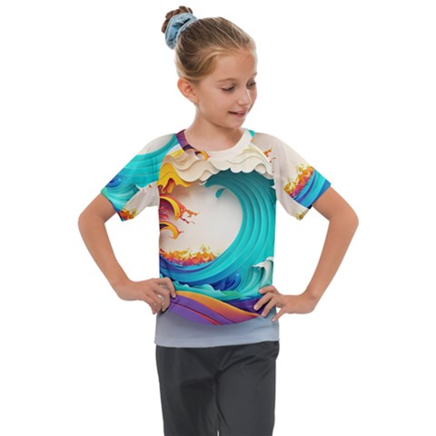 Tsunami Tidal Wave Waves Minimalist Ocean Sea Kids  Mesh Piece Tee by Ravend