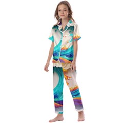 Tsunami Tidal Wave Waves Minimalist Ocean Sea Kids  Satin Short Sleeve Pajamas Set by Ravend