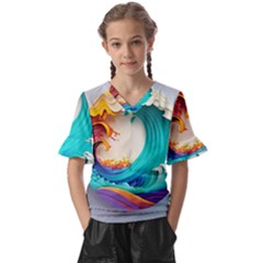 Tsunami Tidal Wave Waves Minimalist Ocean Sea Kids  V-neck Horn Sleeve Blouse by Ravend