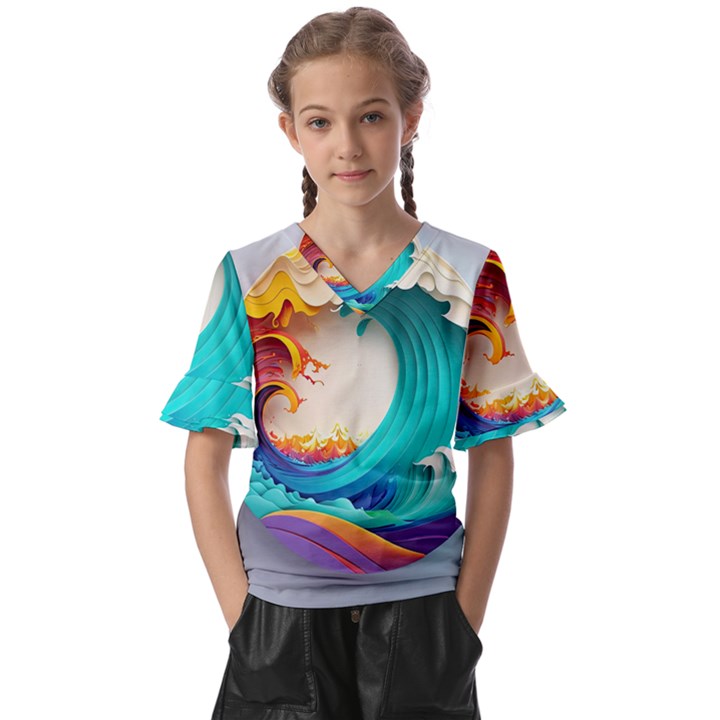 Tsunami Tidal Wave Waves Minimalist Ocean Sea Kids  V-Neck Horn Sleeve Blouse