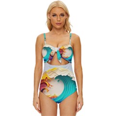 Tsunami Tidal Wave Waves Minimalist Ocean Sea Knot Front One-piece Swimsuit by Ravend