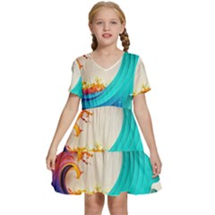 Tsunami Tidal Wave Waves Minimalist Ocean Sea Kids  Short Sleeve Tiered Mini Dress by Ravend