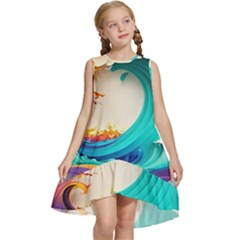 Tsunami Tidal Wave Waves Minimalist Ocean Sea Kids  Frill Swing Dress by Ravend