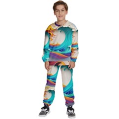 Tsunami Tidal Wave Waves Minimalist Ocean Sea Kids  Sweatshirt Set by Ravend