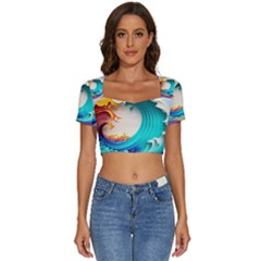 Tsunami Tidal Wave Waves Minimalist Ocean Sea Short Sleeve Square Neckline Crop Top  by Ravend