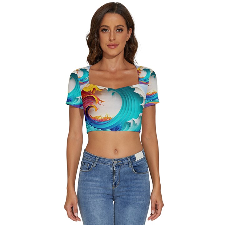 Tsunami Tidal Wave Waves Minimalist Ocean Sea Short Sleeve Square Neckline Crop Top 