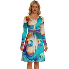 Tsunami Tidal Wave Waves Minimalist Ocean Sea Long Sleeve Dress With Pocket by Ravend