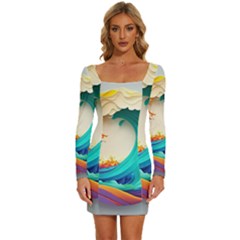 Tsunami Tidal Wave Waves Minimalist Ocean Sea Long Sleeve Square Neck Bodycon Velvet Dress by Ravend