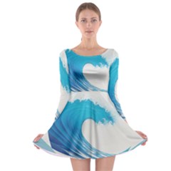 Wave Tsunami Tidal Wave Ocean Sea Water Long Sleeve Skater Dress by Ravend