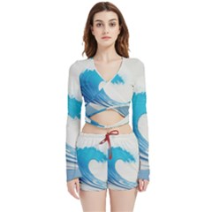 Wave Tsunami Tidal Wave Ocean Sea Water Velvet Wrap Crop Top And Shorts Set by Ravend