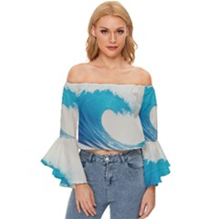 Wave Tsunami Tidal Wave Ocean Sea Water Off Shoulder Flutter Bell Sleeve Top by Ravend