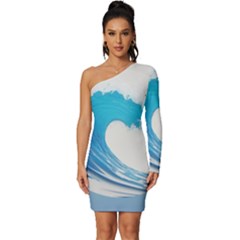 Wave Tsunami Tidal Wave Ocean Sea Water Long Sleeve One Shoulder Mini Dress by Ravend