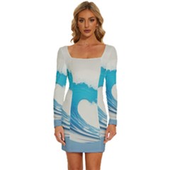 Wave Tsunami Tidal Wave Ocean Sea Water Long Sleeve Square Neck Bodycon Velvet Dress by Ravend