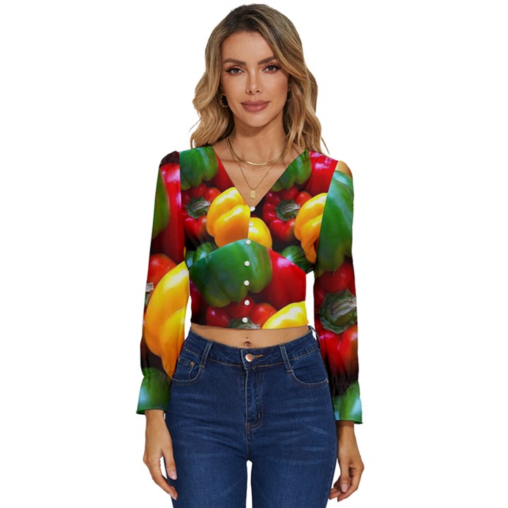 Colorful Capsicum Long Sleeve V-Neck Top