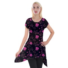 Pink Glowing Flowers Short Sleeve Side Drop Tunic