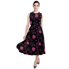 Pink Glowing Flowers Round Neck Boho Dress