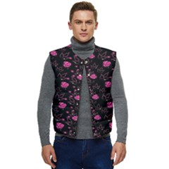 Pink Glowing Flowers Men s Short Button Up Puffer Vest	