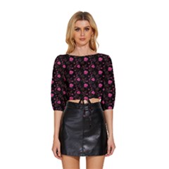 Pink Glowing Flowers Mid Sleeve Drawstring Hem Top