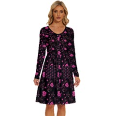 Pink Glowing Flowers Long Sleeve Dress With Pocket by Sparkle