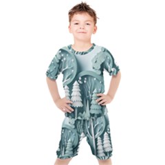 Background Christmas Winter Holiday Background Kids  Tee And Shorts Set by Ravend