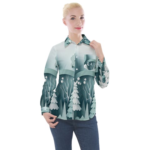 Background Christmas Winter Holiday Background Women s Long Sleeve Pocket Shirt by Ravend