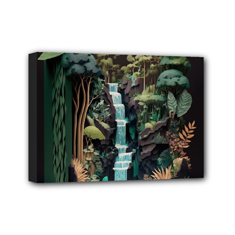 Jungle Tropical Trees Waterfall Plants Papercraft Mini Canvas 7  X 5  (stretched) by Ravend