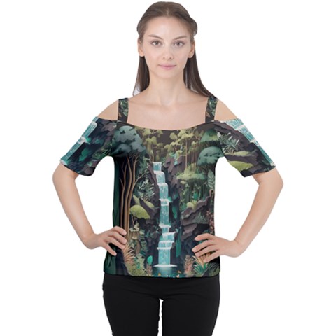 Jungle Tropical Trees Waterfall Plants Papercraft Cutout Shoulder Tee by Ravend