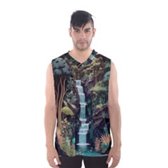 Jungle Tropical Trees Waterfall Plants Papercraft Men s Basketball Tank Top by Ravend