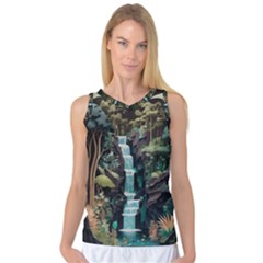 Jungle Tropical Trees Waterfall Plants Papercraft Women s Basketball Tank Top by Ravend