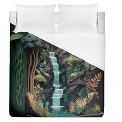 Jungle Tropical Trees Waterfall Plants Papercraft Duvet Cover (queen Size) by Ravend