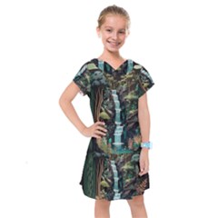 Jungle Tropical Trees Waterfall Plants Papercraft Kids  Drop Waist Dress by Ravend