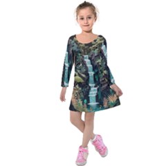 Jungle Tropical Trees Waterfall Plants Papercraft Kids  Long Sleeve Velvet Dress by Ravend