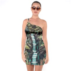 Jungle Tropical Trees Waterfall Plants Papercraft One Shoulder Ring Trim Bodycon Dress by Ravend