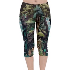 Jungle Tropical Trees Waterfall Plants Papercraft Velvet Capri Leggings  by Ravend