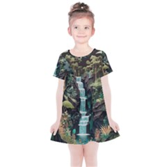 Jungle Tropical Trees Waterfall Plants Papercraft Kids  Simple Cotton Dress by Ravend