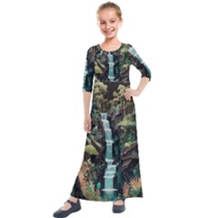 Jungle Tropical Trees Waterfall Plants Papercraft Kids  Quarter Sleeve Maxi Dress by Ravend