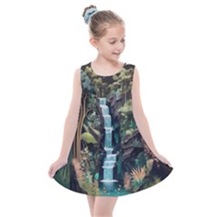 Jungle Tropical Trees Waterfall Plants Papercraft Kids  Summer Dress by Ravend