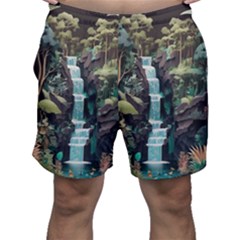 Jungle Tropical Trees Waterfall Plants Papercraft Men s Shorts by Ravend