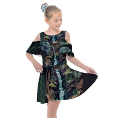 Jungle Tropical Trees Waterfall Plants Papercraft Kids  Shoulder Cutout Chiffon Dress by Ravend