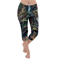 Jungle Tropical Trees Waterfall Plants Papercraft Lightweight Velour Capri Yoga Leggings by Ravend