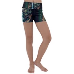 Jungle Tropical Trees Waterfall Plants Papercraft Kids  Lightweight Velour Yoga Shorts by Ravend