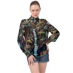 Jungle Tropical Trees Waterfall Plants Papercraft High Neck Long Sleeve Chiffon Top by Ravend