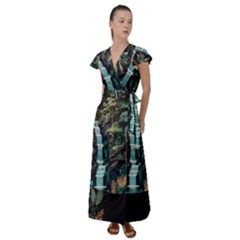 Jungle Tropical Trees Waterfall Plants Papercraft Flutter Sleeve Maxi Dress by Ravend