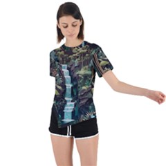 Jungle Tropical Trees Waterfall Plants Papercraft Asymmetrical Short Sleeve Sports Tee by Ravend