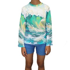 Waves Ocean Sea Tsunami Nautical Painting Kids  Long Sleeve Swimwear by Ravend