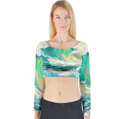 Waves Ocean Sea Tsunami Nautical Painting Long Sleeve Crop Top by Ravend