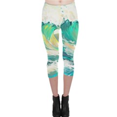 Waves Ocean Sea Tsunami Nautical Painting Capri Leggings  by Ravend