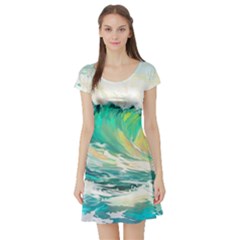 Waves Ocean Sea Tsunami Nautical Painting Short Sleeve Skater Dress by Ravend