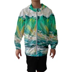 Waves Ocean Sea Tsunami Nautical Painting Kids  Hooded Windbreaker by Ravend