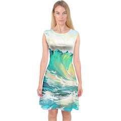 Waves Ocean Sea Tsunami Nautical Painting Capsleeve Midi Dress by Ravend